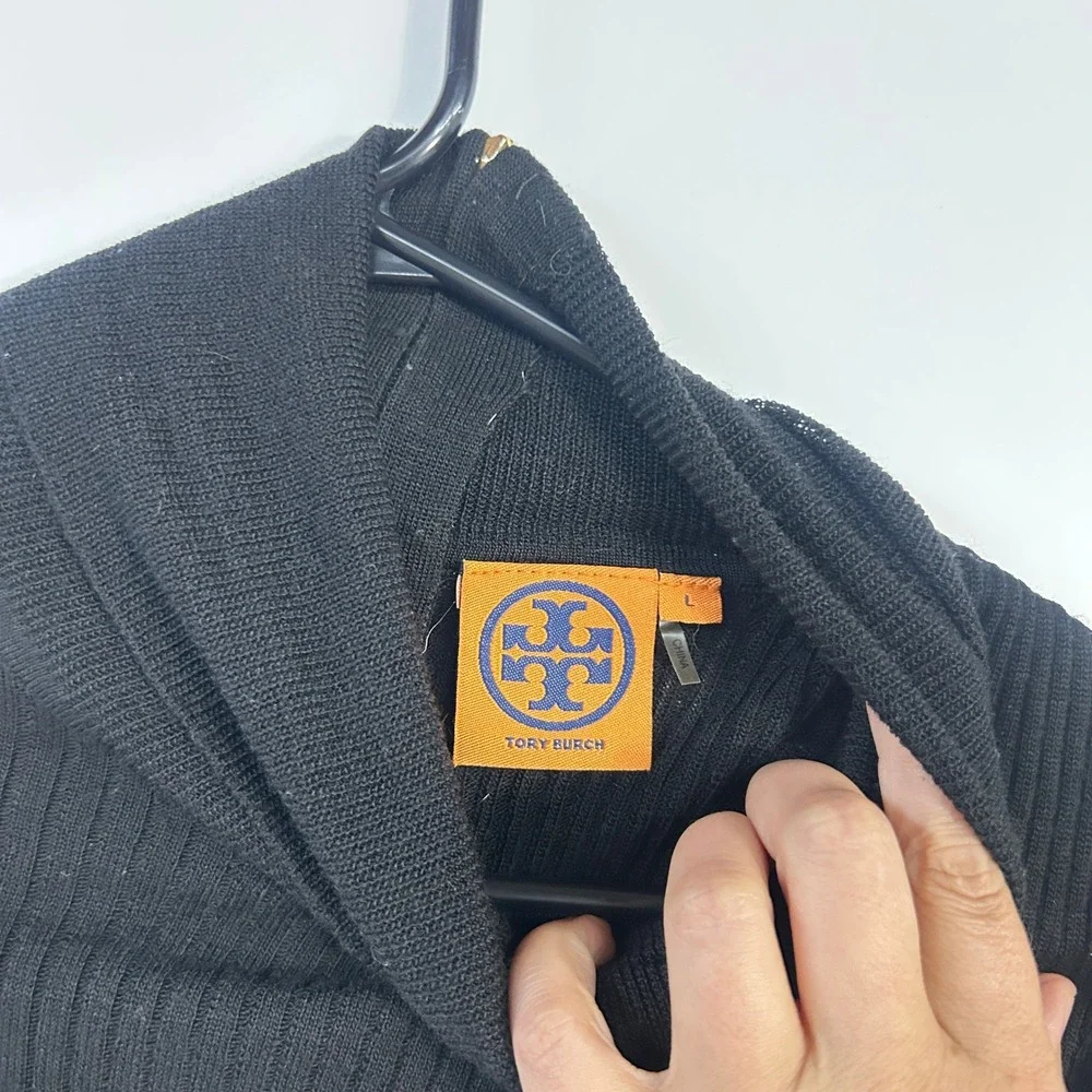 Tory Burch 100% Wool Turtleneck Sweater Large Black Ribbed Quarter Zip Preppy